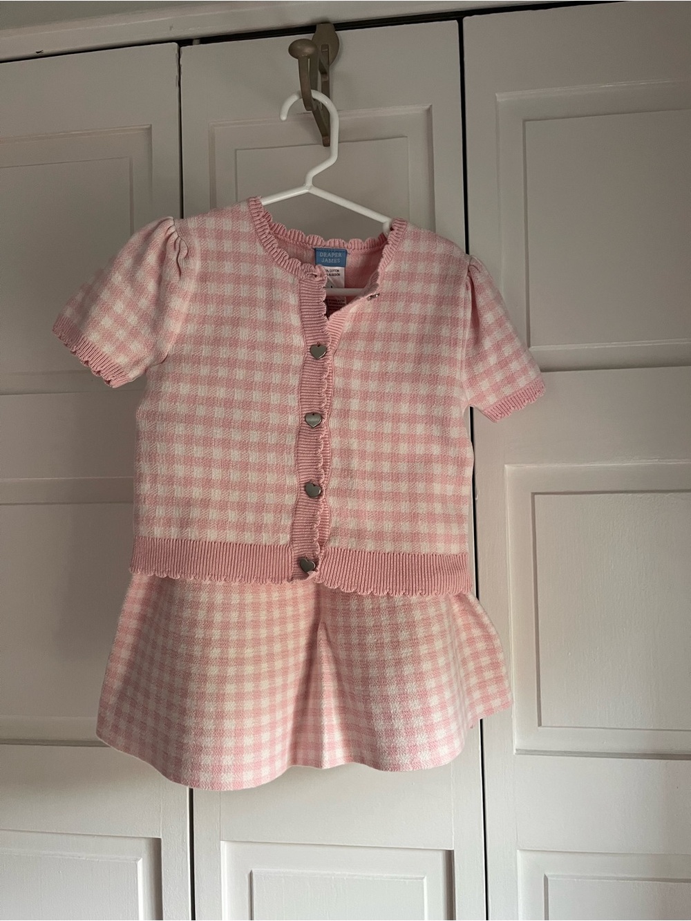 Draper James Pink and White Gingham Heart-Button Knit Top and matching Skirt